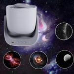 Star projector displaying galaxy and space scene on ceiling.