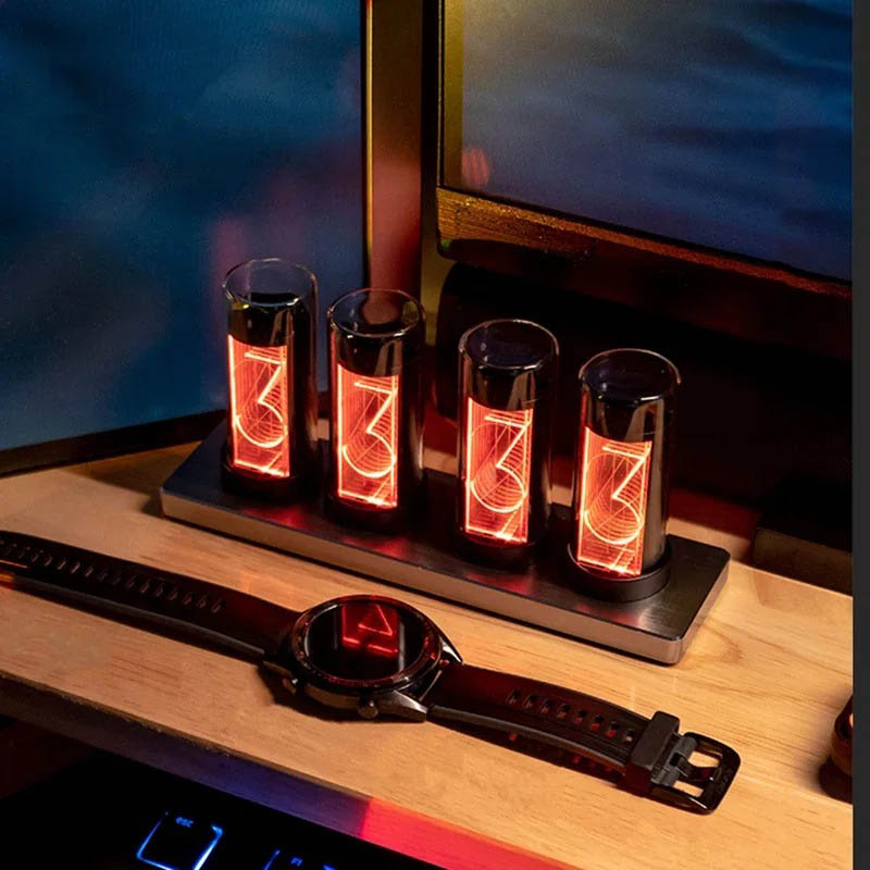 Science Gadgets | Science Decor & Educational Toys Shop Vintage Nixie Tube Clock with Four Tubes Displaying Time.