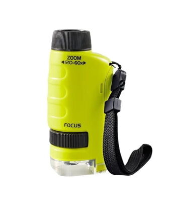 Bright green monocular with black adjustable strap and focus knob, ideal for outdoor exploration and educational activities.