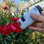 Hand holding a small portable microscope close to vibrant pink and red flowers in a garden setting, with a cityscape background.