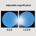 Close-up of two adjustable magnification microscope lenses showing 60x and 120x magnification levels, used for educational science experiments and detailed observation.