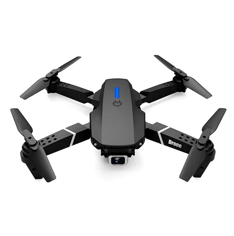 Compact black drone with four propellers and built-in camera, ideal for aerial photography and videography enthusiasts.