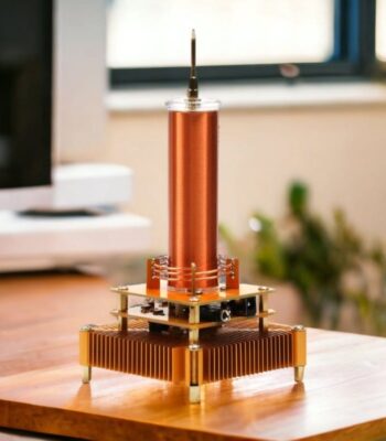 High-voltage Tesla coil model for educational demonstrations and science projects. Perfect for science enthusiasts and classroom experiments.