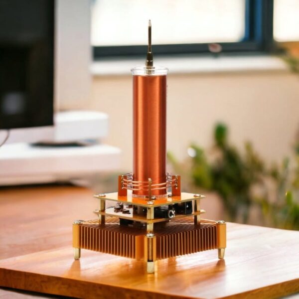 High-voltage Tesla coil model for educational demonstrations and science projects. Perfect for science enthusiasts and classroom experiments.