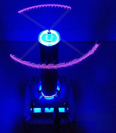Blue plasma ball with electric discharges and glowing light effects.