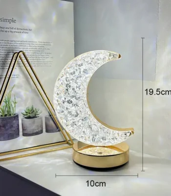 Moon-shaped crystal LED lamp with gold base, 19.5cm tall, 10cm wide, perfect for bedroom or living room decor.