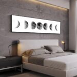 Modern bedroom with moon phases wall art above the bed, featuring a sleek, minimalist design in black and white.