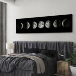 Artistic depiction of the moon phases displayed as wall art above a modern bedroom bed, creating a celestial and educational ambiance.