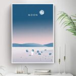 A minimalist art print depicting the moon over a serene lunar landscape with an astronaut figure, rocks, and a pastel sky, perfect for space-themed decor.