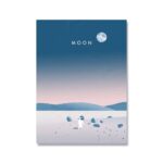 Minimalist illustration of an astronaut on a snowy landscape under a full moon with a gradient sky, emphasizing space exploration and winter themes.