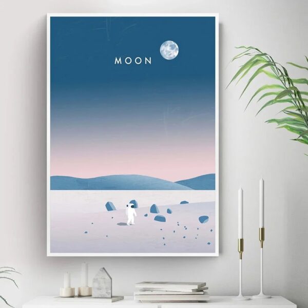 A minimalist art print depicting the moon over a serene lunar landscape with an astronaut figure, rocks, and a pastel sky, perfect for space-themed decor.