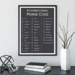 Framed International Morse Code chart on wall, educational decor for science and communication enthusiasts, perfect for classrooms or home offices.