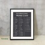 Framed Morse code chart displaying international Morse symbols and numbers, ideal for educational decor or science classrooms.