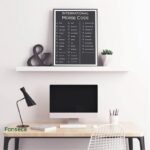 Modern home office with Morse code educational poster, computer, and desk accessories, perfect for a science and education-themed decor.
