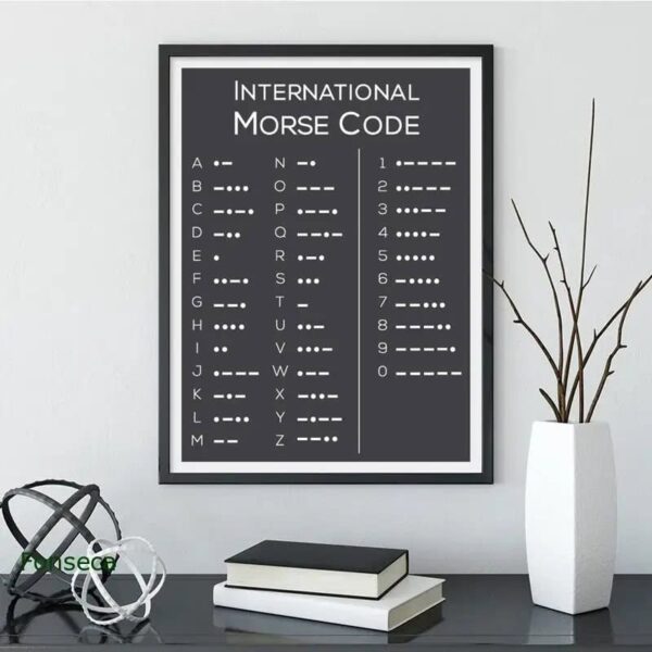 Framed International Morse Code chart on wall, educational decor for science and communication enthusiasts, perfect for classrooms or home offices.