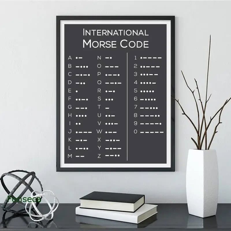 Framed International Morse Code chart on wall, educational decor for science and communication enthusiasts, perfect for classrooms or home offices.