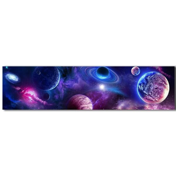 Vibrant cosmic space galaxy mural featuring planets, stars, and nebulae, perfect for science decor and educational settings.