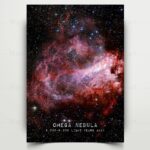 Stunning image of the Omega Nebula showcasing vibrant pink and purple hues with numerous stars, ideal for educational decor and space enthusiasts.