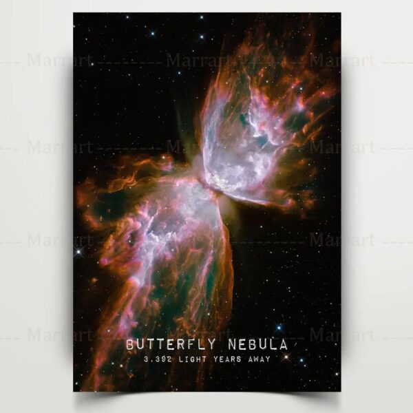 Stunning image of the Butterfly Nebula showcasing vibrant colors and intricate details, perfect for science decor and educational purposes.