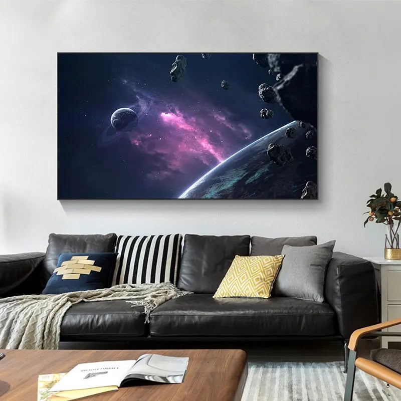 Astronomy-themed wall art featuring planets, asteroids, and cosmic nebulae, perfect for science enthusiasts and space lovers.