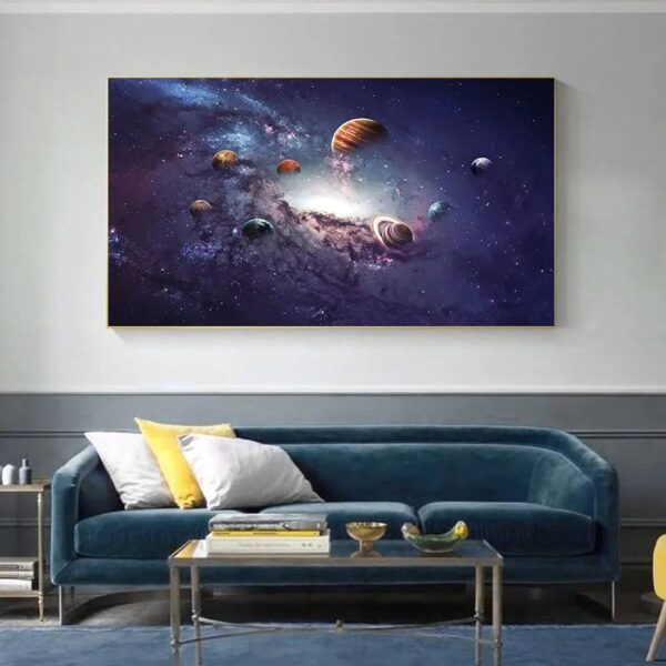 Stunning galaxy and planet wall art featuring vibrant colors and detailed celestial bodies, perfect for enhancing contemporary living room decor.