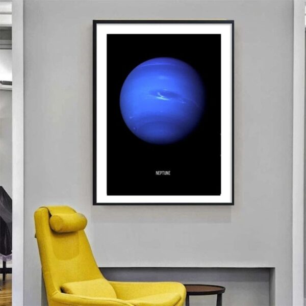 Framed poster of Neptune, the eighth planet in the solar system, displayed on a modern wall.
