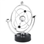 A metallic atomic model solar system desktop display with orbiting spheres representing planets, mounted on a black base, ideal for science decor and educational purposes.