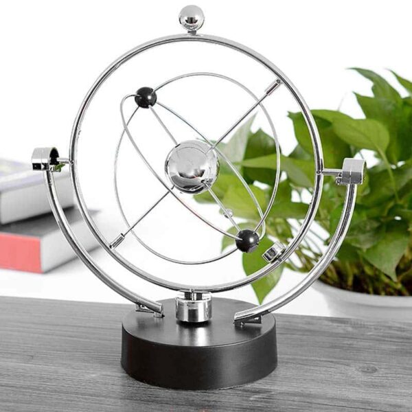 Modern metallic solar system model with orbiting planets, ideal for science education and decor.