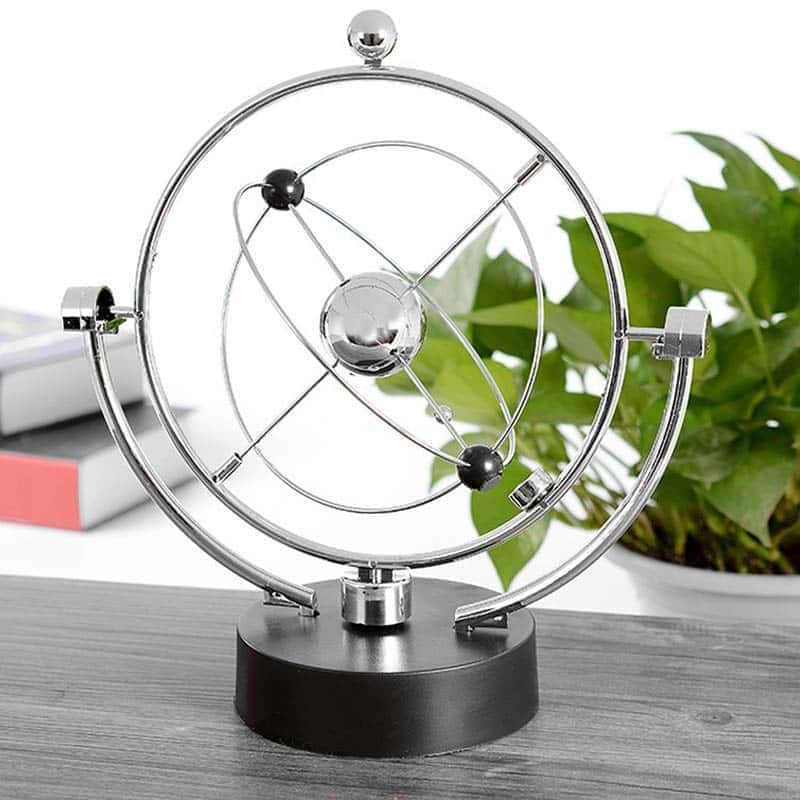 Modern metallic solar system model with orbiting planets, ideal for science education and decor.