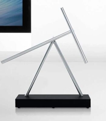 A detailed model of a telescope with adjustable metallic arms mounted on a black base, designed for educational purposes and science demonstrations.