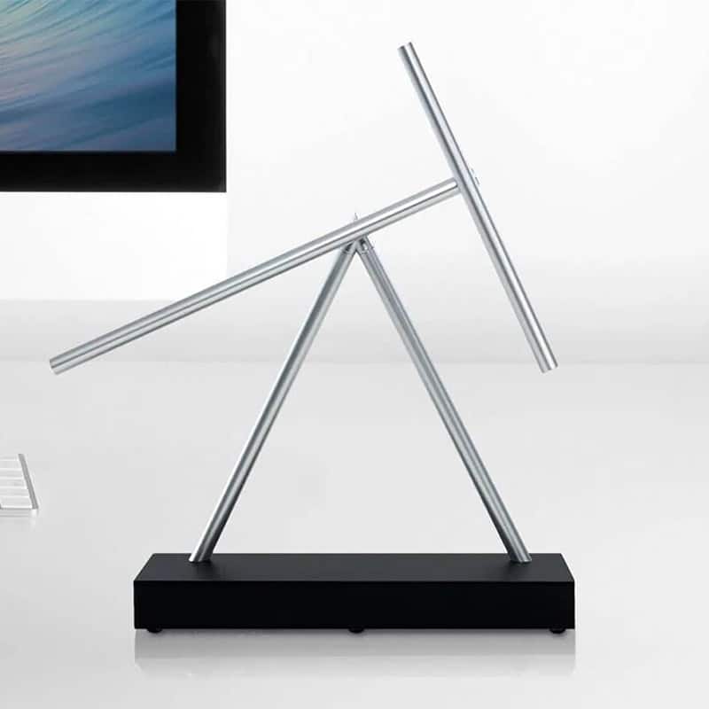 A detailed model of a telescope with adjustable metallic arms mounted on a black base, designed for educational purposes and science demonstrations.