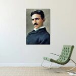 Portrait of a man with a mustache in vintage attire, displayed on a white wall.