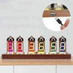 Holographic Nixie tube clock displaying colorful digits on a wooden base, with a close-up of a hand connecting a USB cable to power it.