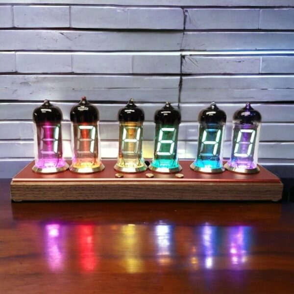 Modern Nixie tube clock displaying vibrant colors with illuminated digits on a wooden base, perfect for science decor and educational purposes.