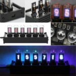 Nixie tube clock displaying glowing numbers in a dark setting, showcasing retro electronic design.