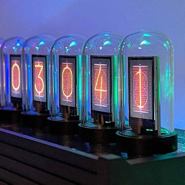 Nixie tube number display showing the digits 0 to 4, encased in glass tubes with colorful LED lighting, used as a decorative and educational science gadget.