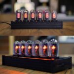 Nixie tube clock showing the time with glowing numerals.