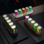 A futuristic LED display featuring colorful quantum dot tubes arranged on sleek bases, showcasing advanced lighting technology and circuit design.