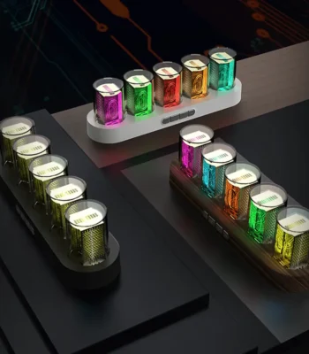 A futuristic LED display featuring colorful quantum dot tubes arranged on sleek bases, showcasing advanced lighting technology and circuit design.