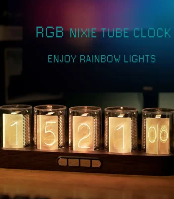 RGB Nixie Tube Clock with rainbow lighting effects and vintage design.