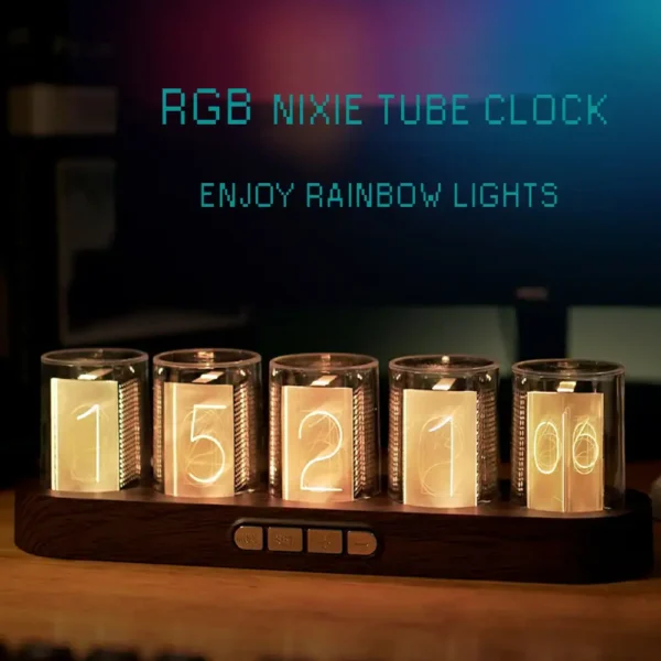 RGB Nixie Tube Clock with rainbow lighting effects and vintage design.