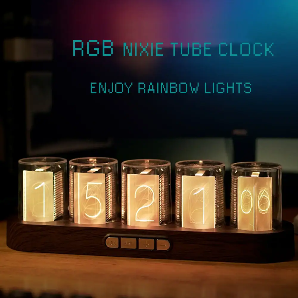 RGB Nixie Tube Clock with rainbow lighting effects and vintage design.