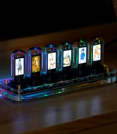 Nixie tube-style digital display with animated characters illuminated by colorful LED lights.