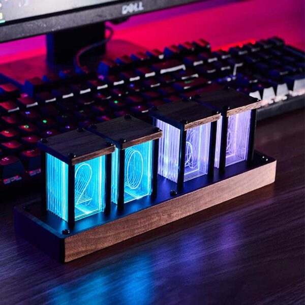 LED digital number clock with illuminated blue digits on a wooden stand, perfect for science decor and educational settings.
