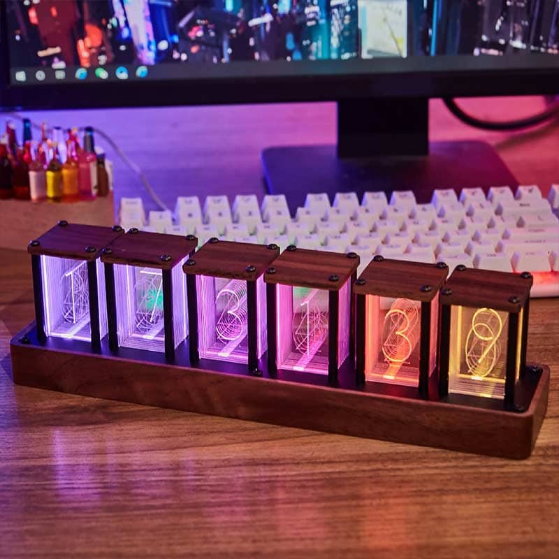 Vintage-style nixie tube clock with colorful glowing tubes on wooden stand, perfect for science decor and educational display.