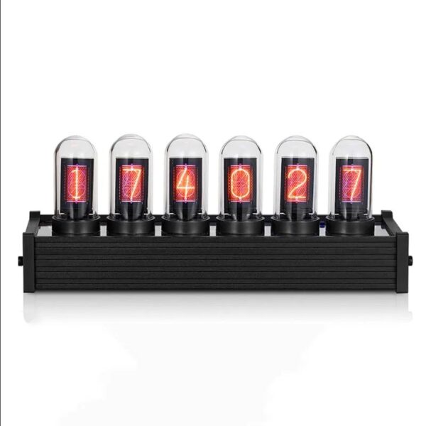 Nixie tube clock showing the time with glowing numbers.