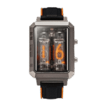 Vintage-inspired Nixie tube watch showcasing a digital time display with glowing orange numerals. Features a sturdy black strap with orange accents and a metallic case.