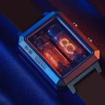 Modern digital clock featuring vintage vacuum tubes with glowing orange light, showcasing a blend of retro and futuristic design elements.