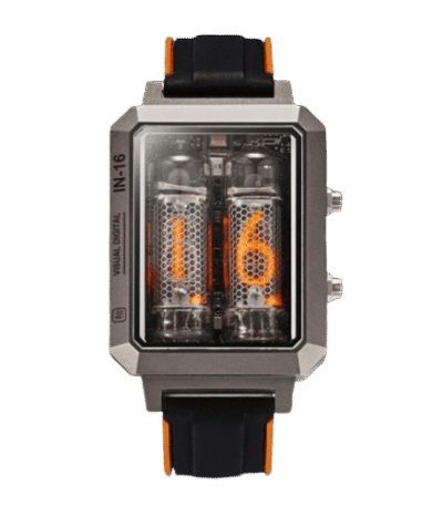 Vintage-inspired Nixie tube watch showcasing a digital time display with glowing orange numerals. Features a sturdy black strap with orange accents and a metallic case.