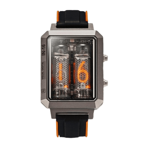 Vintage-inspired Nixie tube watch showcasing a digital time display with glowing orange numerals. Features a sturdy black strap with orange accents and a metallic case.